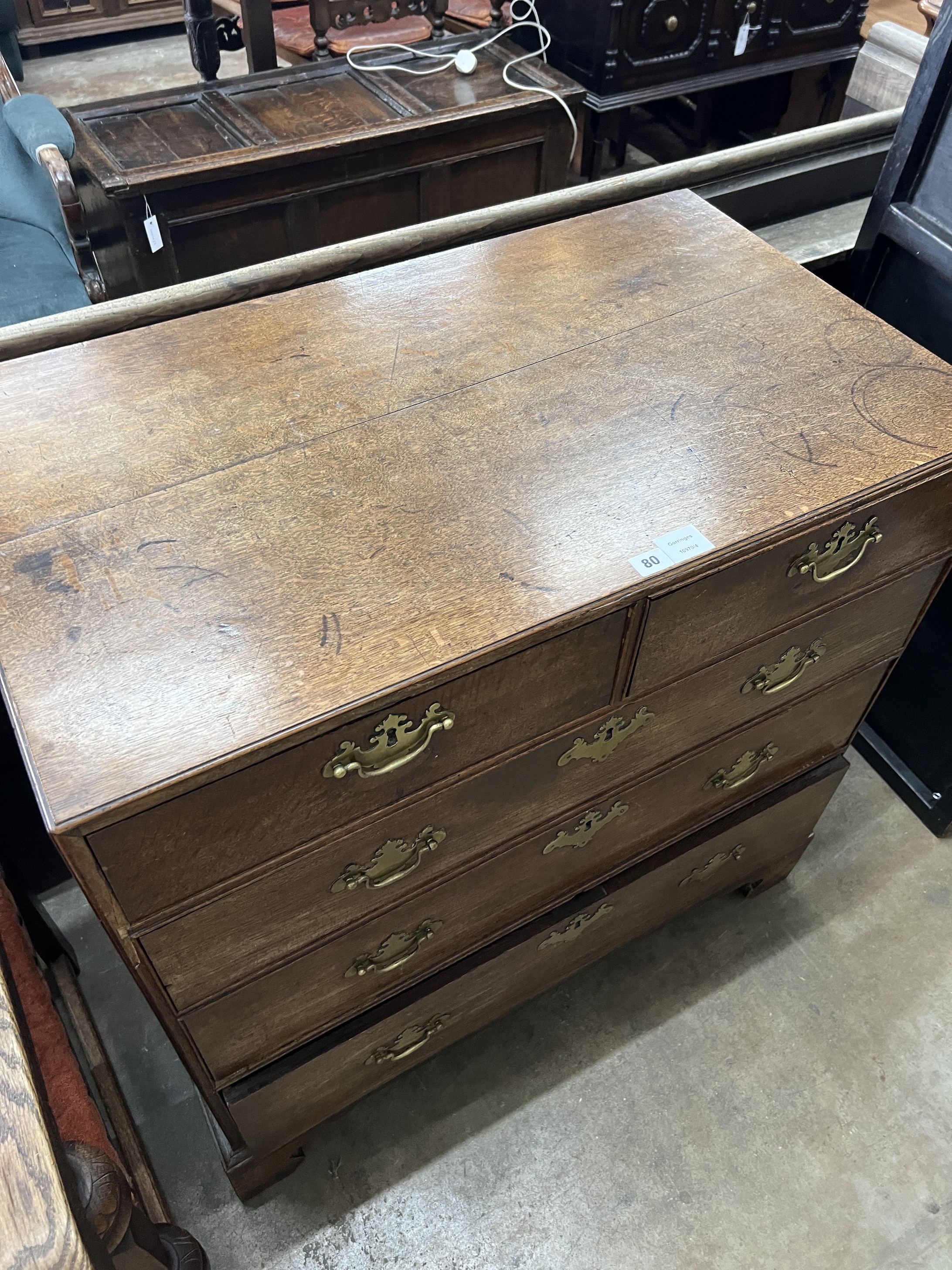 A George III oak five drawer chest, width 91cm, depth 52cm, height 91cm